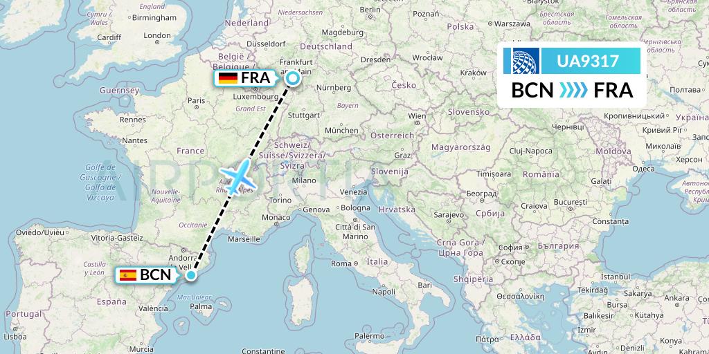 UA9317 United Airlines Flight Map: Barcelona to Frankfurt