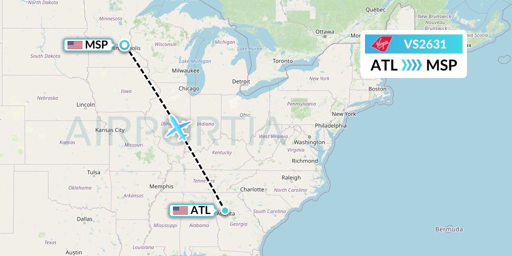 VS2631 Virgin Atlantic Airways Flight Map: Atlanta to Minneapolis