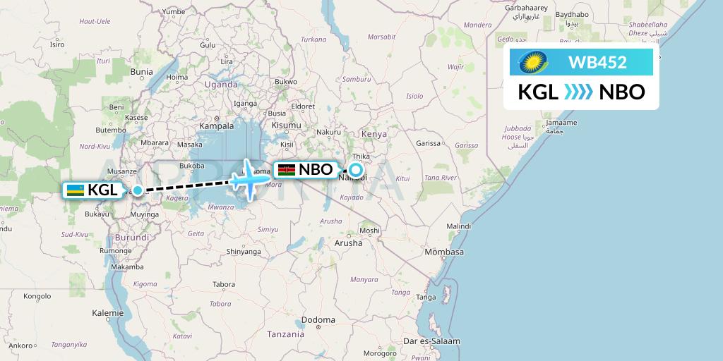 WB452 RwandAir Flight Map: Kigali to Nairobi