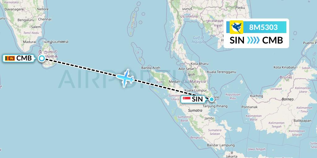 8M5303 Myanmar Airways International Flight Map: Singapore to Colombo