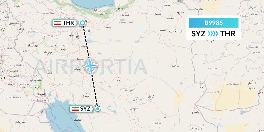 B9985 Iran Air Tours Flight Map: Shiraz to Tehran