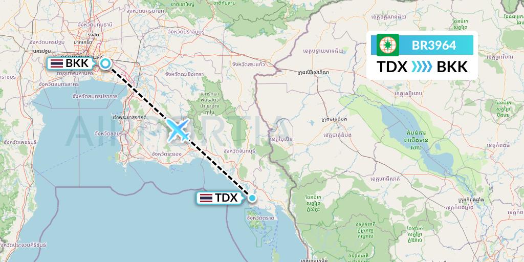 BR3964 EVA Air Flight Map: Trat to Bangkok