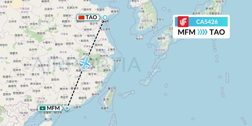 CA5426 Air China Flight Map: Macau to Qingdao