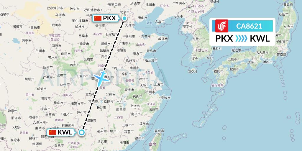 CA8621 Air China Flight Map: Beijing to Guilin