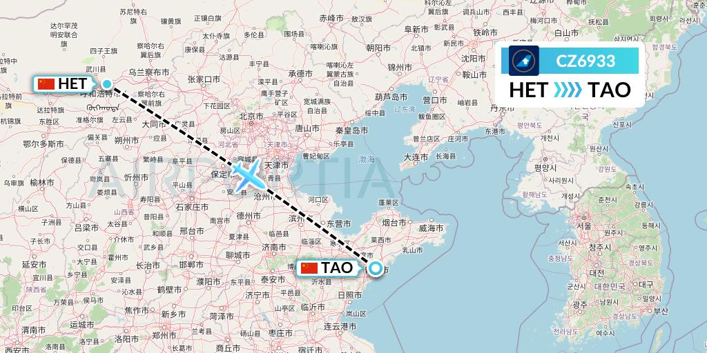 CZ6933 China Southern Airlines Flight Map: Hohhot to Qingdao
