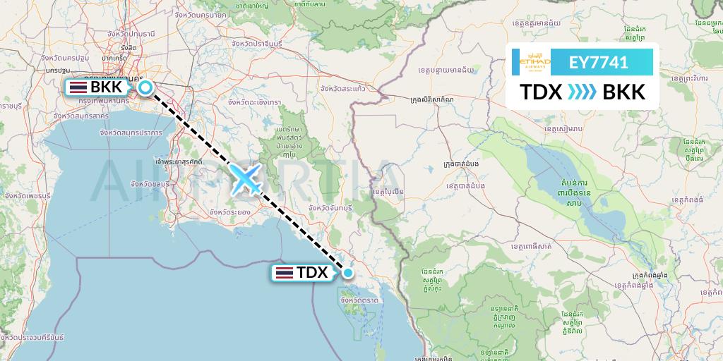 EY7741 Etihad Airways Flight Map: Trat to Bangkok