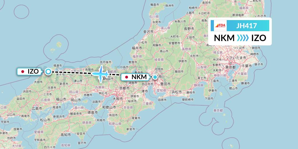 JH417 Fuji Dream Airlines Flight Map: Nagoya to Izumo