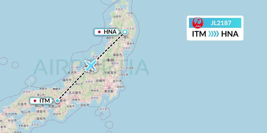 JL2187 Japan Airlines Flight Map: Osaka to Hanamaki