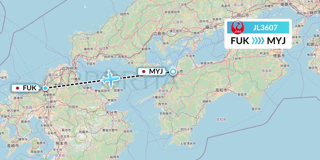 JL3607 Japan Airlines Flight Map: Fukuoka to Matsuyama