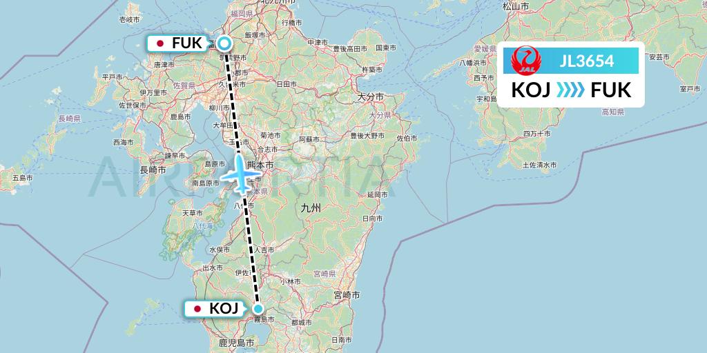 JL3654 Japan Airlines Flight Map: Kagoshima to Fukuoka
