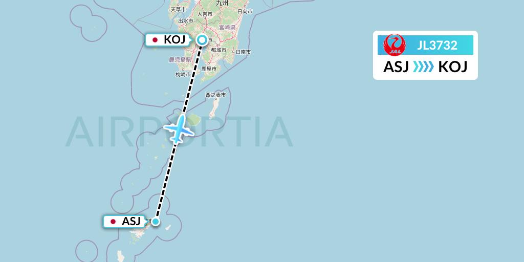 JL3732 Japan Airlines Flight Map: Amami to Kagoshima