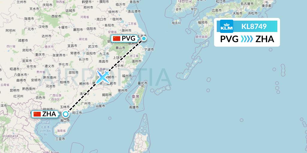 KL8749 KLM Flight Map: Shanghai to Zhanjiang