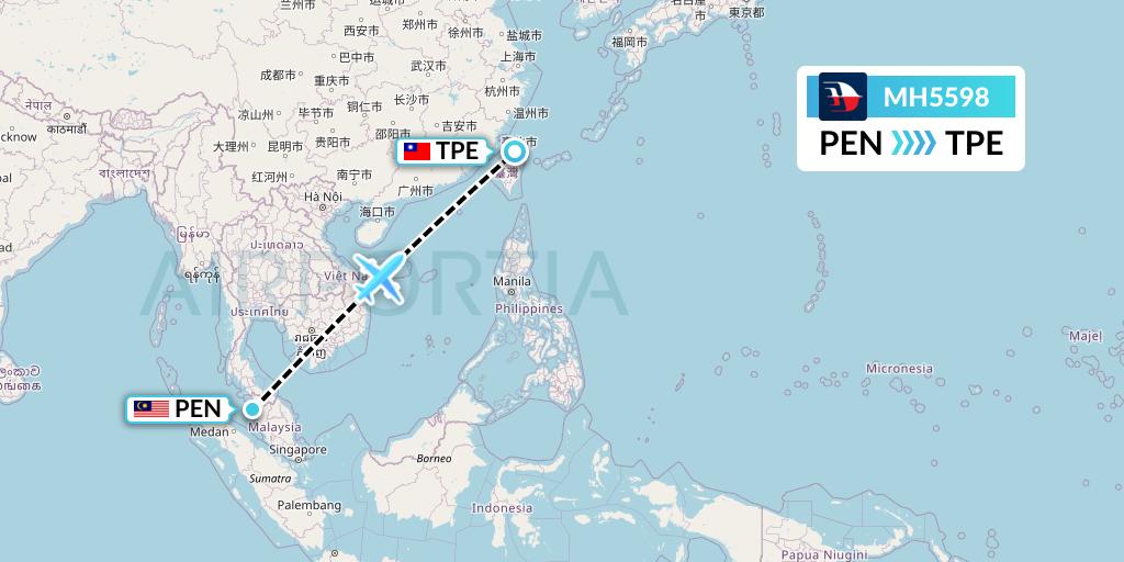 MH5598 Malaysia Airlines Flight Map: Penang to Taipei