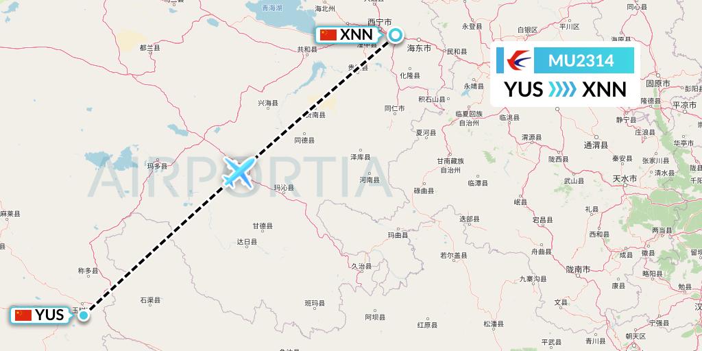 MU2314 China Eastern Airlines Flight Map: Yushu to Xining