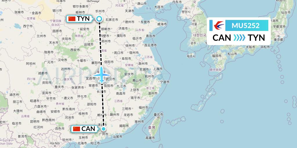 MU5252 China Eastern Airlines Flight Map: Guangzhou to Taiyuan