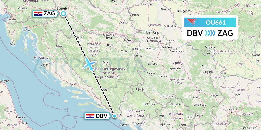 OU661 Croatia Airlines Flight Map: Dubrovnik to Zagreb