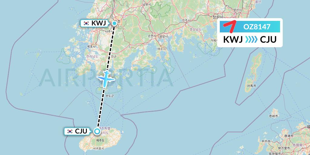 OZ8147 Asiana Airlines Flight Map: Gwangju to Jeju