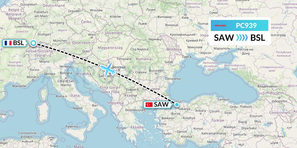 PC939 Pegasus Airlines Flight Map: Istanbul to Basel