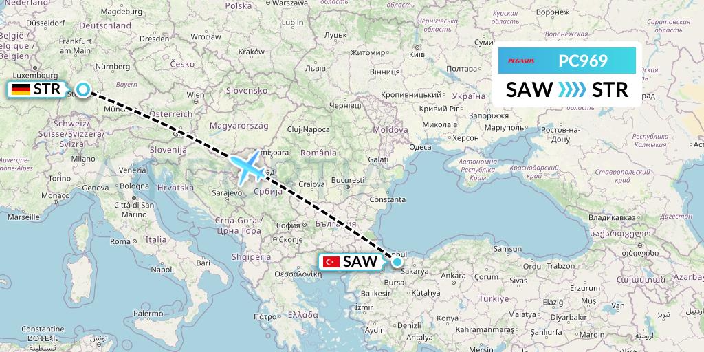 PC969 Pegasus Airlines Flight Map: Istanbul to Stuttgart