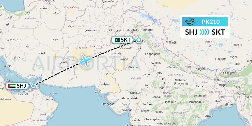 PK210 Pakistan International Airlines Flight Map: Sharjah to Sialkot