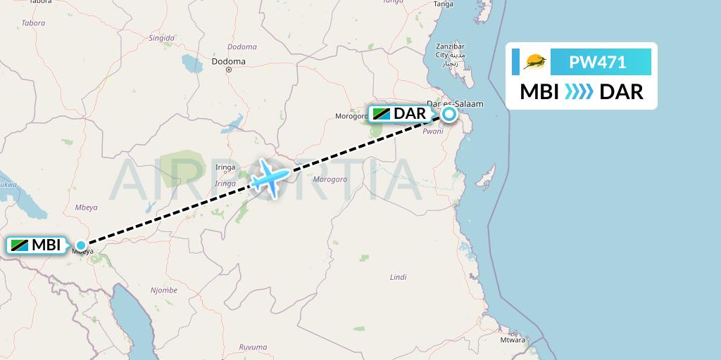 PW471 Precision Air Flight Map: Mbeya to Dar-es-Salaam