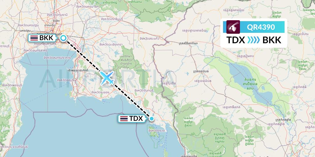 QR4390 Qatar Airways Flight Map: Trat to Bangkok