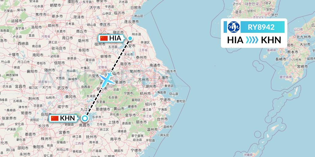 RY8942 Jiangxi Air Flight Map: Huai'an to Nanchang