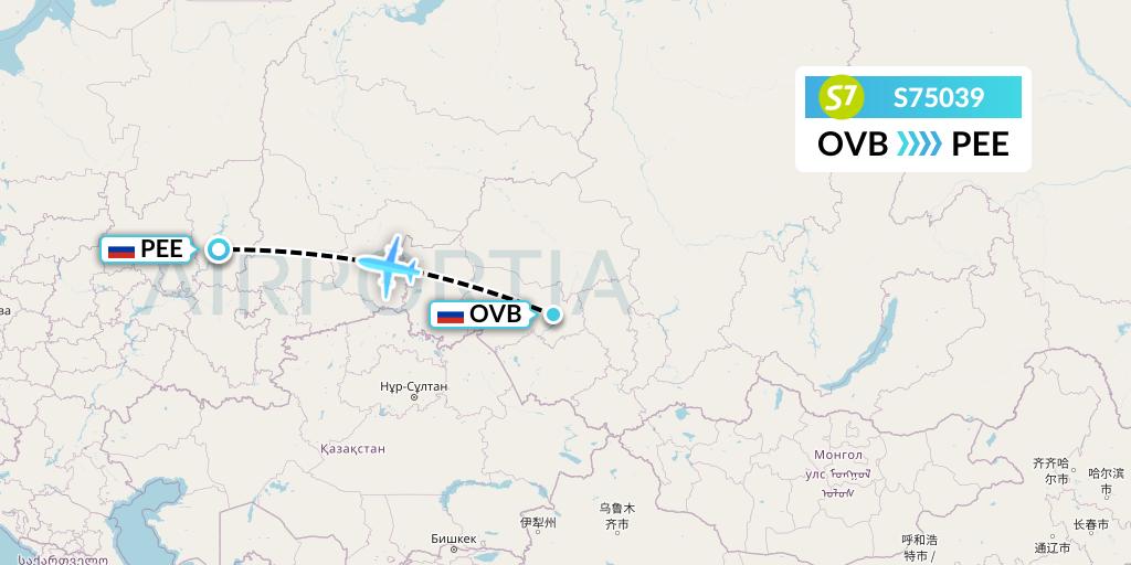 S75039 S7 Airlines Flight Map: Novosibirsk to Perm