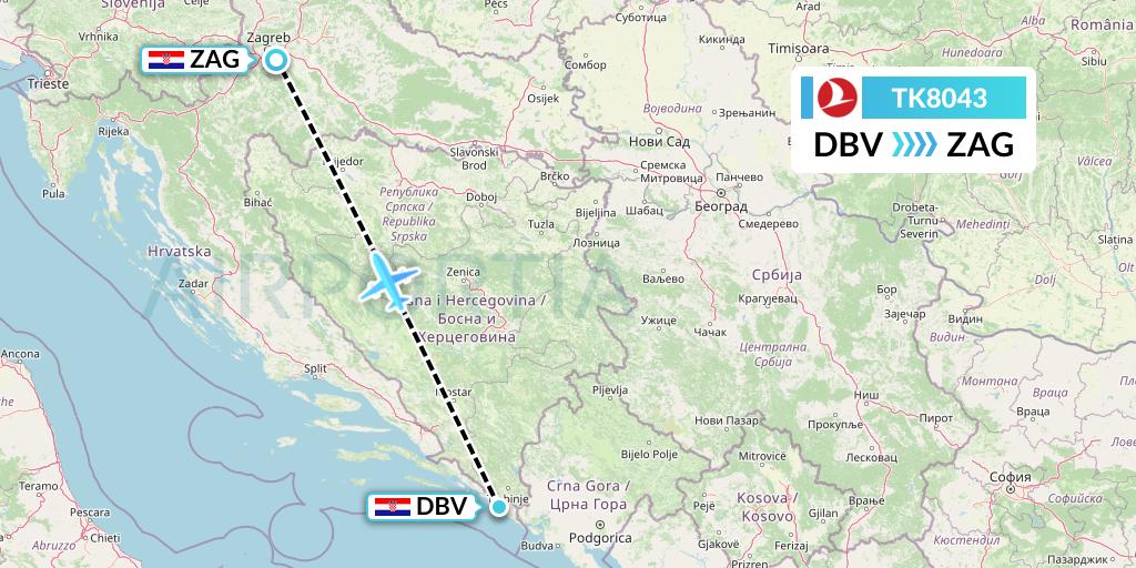 TK8043 Turkish Airlines Flight Map: Dubrovnik to Zagreb
