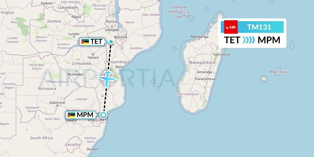 TM131 LAM Mozambique Airlines Flight Map: Tete to Maputo