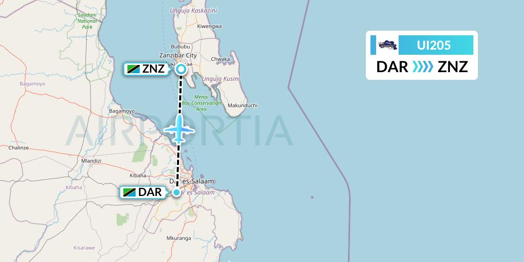 UI205 Auric Air Flight Map: Dar-es-Salaam to Zanzibar