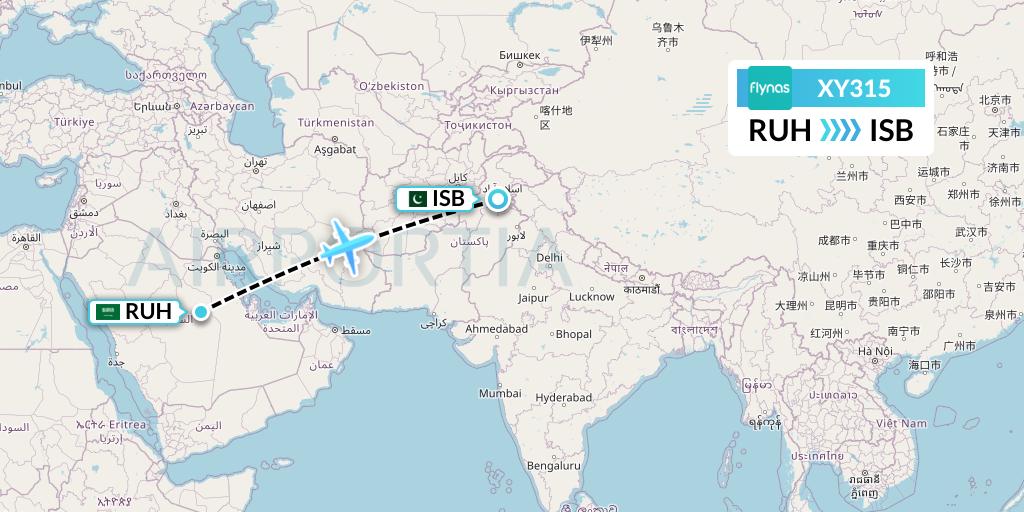 XY315 Flynas Flight Map: Riyadh to Islamabad