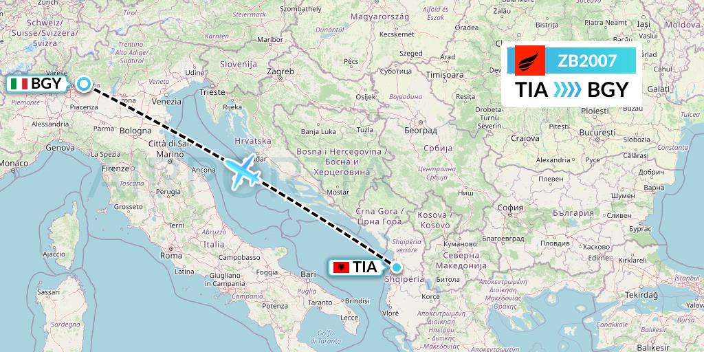 ZB2007 Air Albania Flight Map: Tirana to Milan