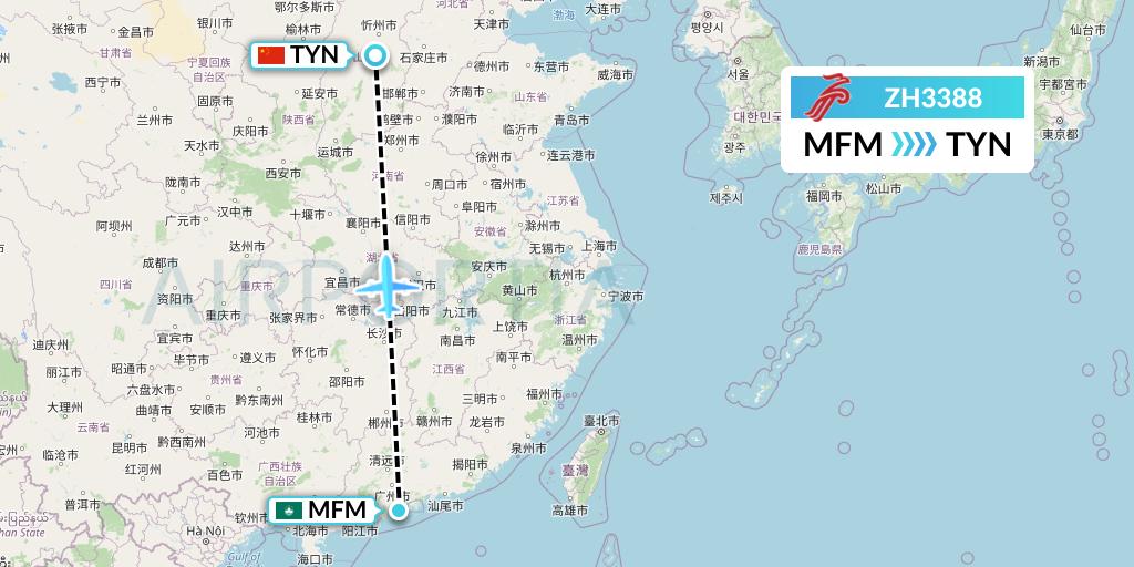 ZH3388 Shenzhen Airlines Flight Map: Macau to Taiyuan