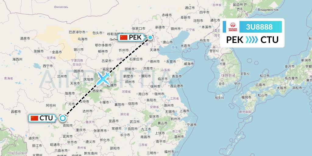 3U8888 Sichuan Airlines Flight Map: Beijing to Chengdu