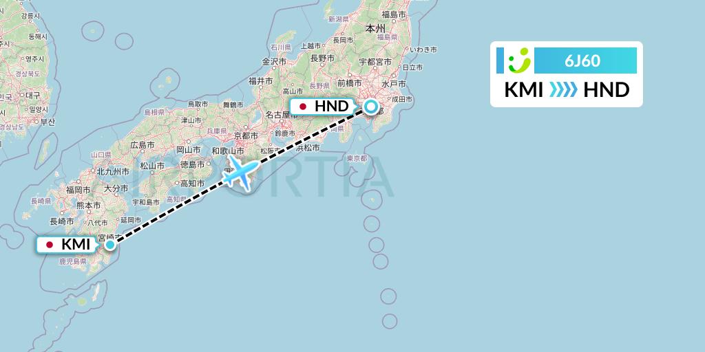 6J60 Solaseed Air Flight Map: Miyazaki to Tokyo