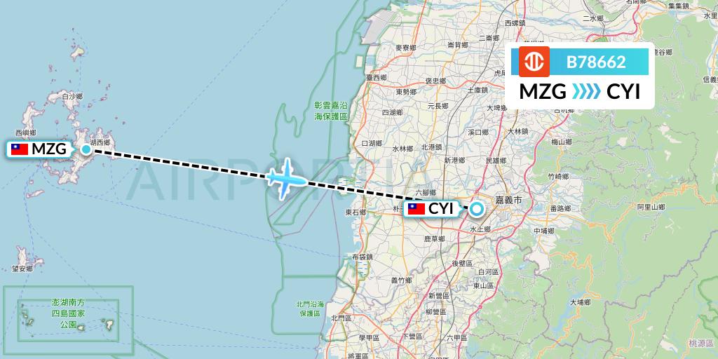 B78662 UNI Air Flight Map: Makung to Chiayi City