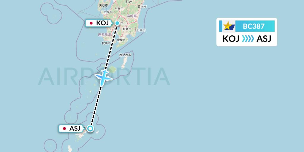 BC387 Skymark Airlines Flight Map: Kagoshima to Amami