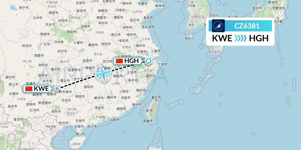 CZ6381 China Southern Airlines Flight Map: Guiyang to Hangzhou