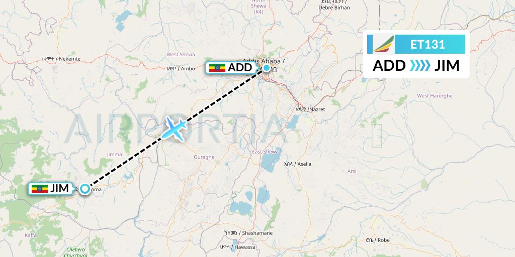 ET131 Ethiopian Airlines Flight Map: Addis Ababa to Jimma