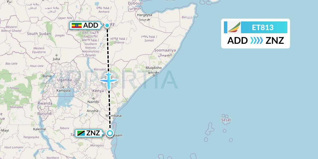 ET813 Ethiopian Airlines Flight Map: Addis Ababa to Zanzibar