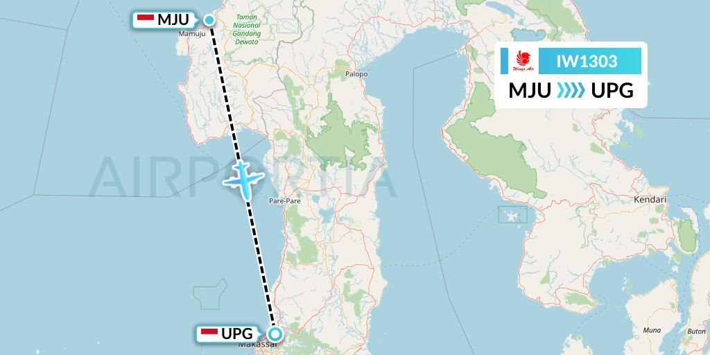 IW1303 Wings Air Flight Map: Mamuju-Celebes Island to Makassar