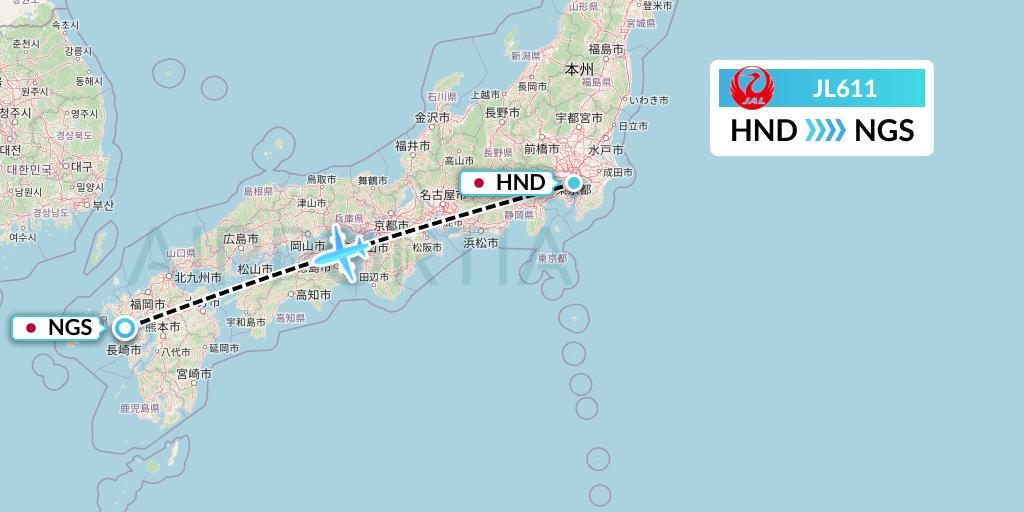 JL611 Japan Airlines Flight Map: Tokyo to Nagasaki