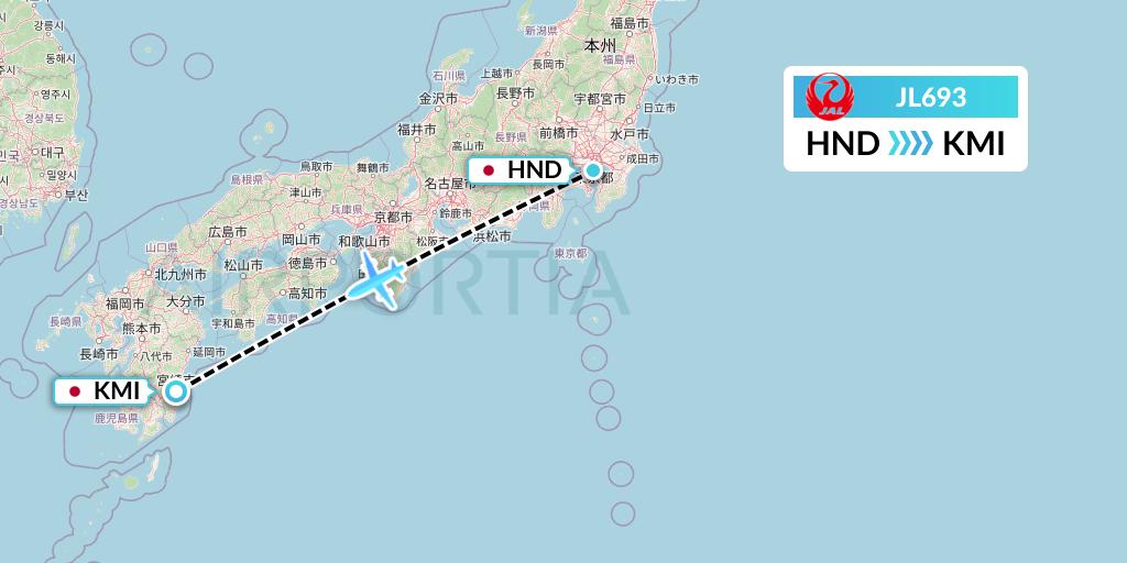 JL693 Japan Airlines Flight Map: Tokyo to Miyazaki