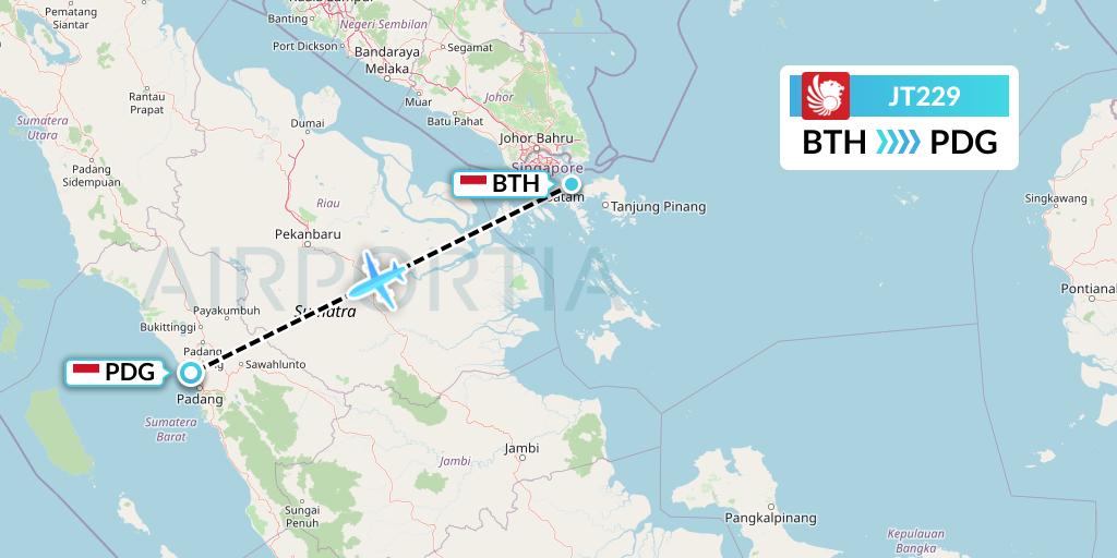 JT229 Lion Airlines Flight Map: Batam to Padang
