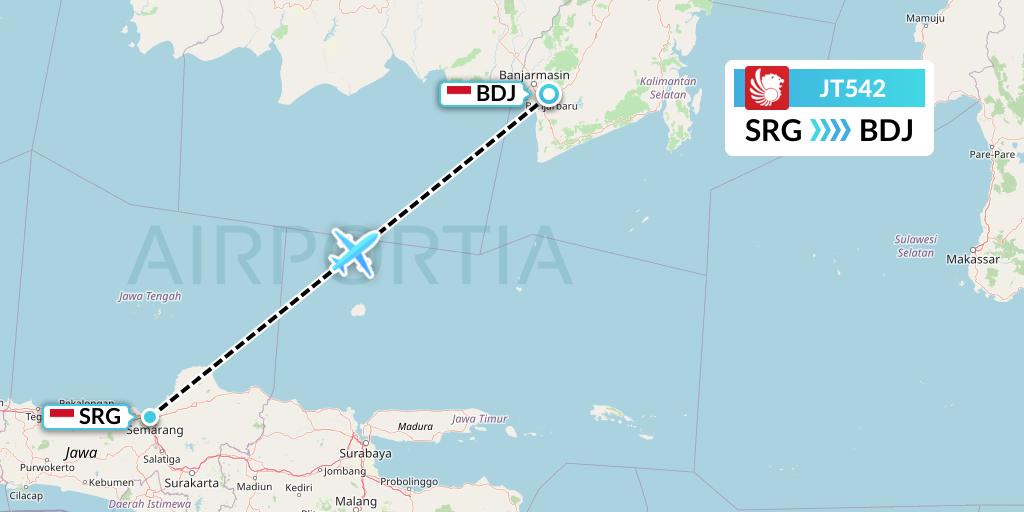 JT542 Lion Airlines Flight Map: Semarang to Banjarmasin