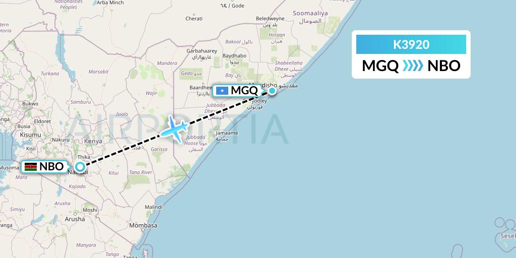 K3920 Taquan Air Flight Map: Mogadishu to Nairobi