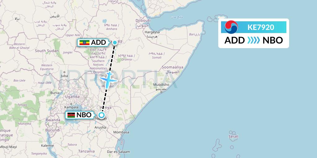 KE7920 Korean Air Flight Map: Addis Ababa to Nairobi