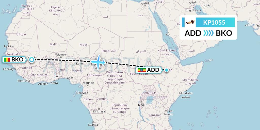 KP1055 ASKY Flight Map: Addis Ababa to Bamako
