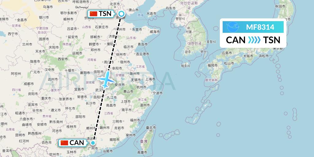 MF8314 Xiamen Airlines Flight Map: Guangzhou to Tianjin